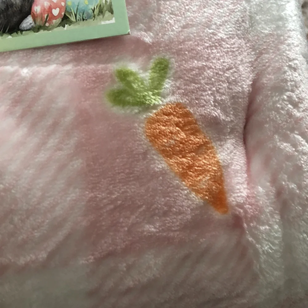HOPPY SPRING Plush Throw Blanket - Pink & White with a Carrot Design